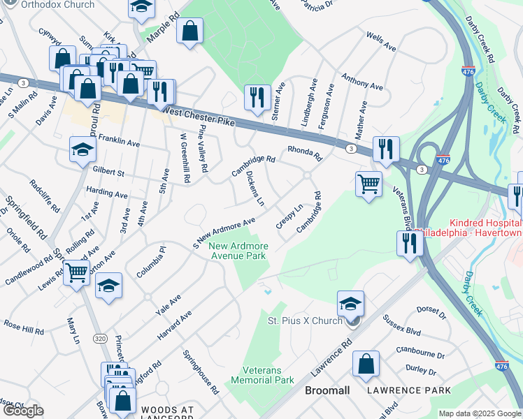 map of restaurants, bars, coffee shops, grocery stores, and more near 106 South New Ardmore Avenue in Broomall