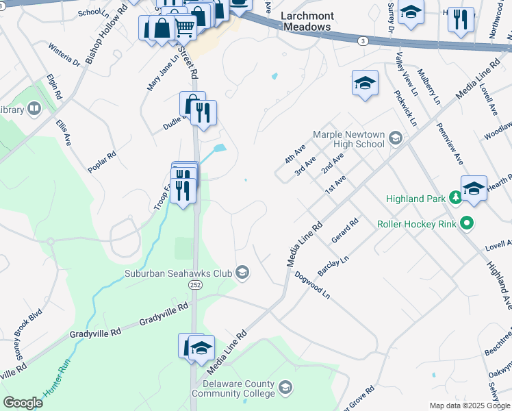 map of restaurants, bars, coffee shops, grocery stores, and more near 3564 Muirwood Drive in Newtown Square