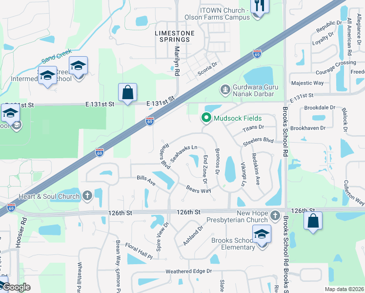 map of restaurants, bars, coffee shops, grocery stores, and more near 12074 Seahawks Lane in Fishers