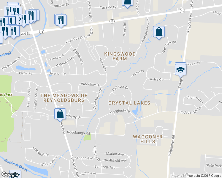map of restaurants, bars, coffee shops, grocery stores, and more near 383 Fallriver Drive in Reynoldsburg