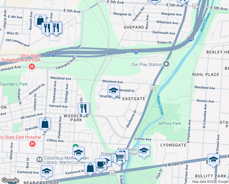 map of restaurants, bars, coffee shops, grocery stores, and more near 1919 Merryhill Drive in Columbus