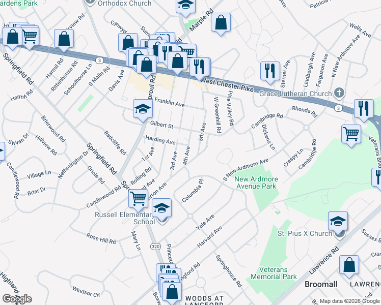 map of restaurants, bars, coffee shops, grocery stores, and more near 126 4th Avenue in Broomall
