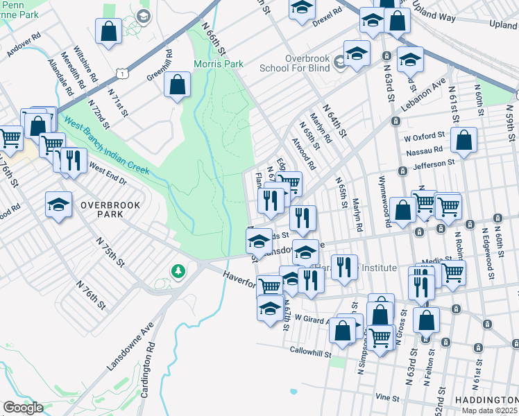 map of restaurants, bars, coffee shops, grocery stores, and more near 932 Flanders Road in Philadelphia