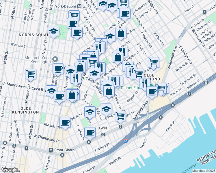 map of restaurants, bars, coffee shops, grocery stores, and more near 1549 East Hewson Street in Philadelphia