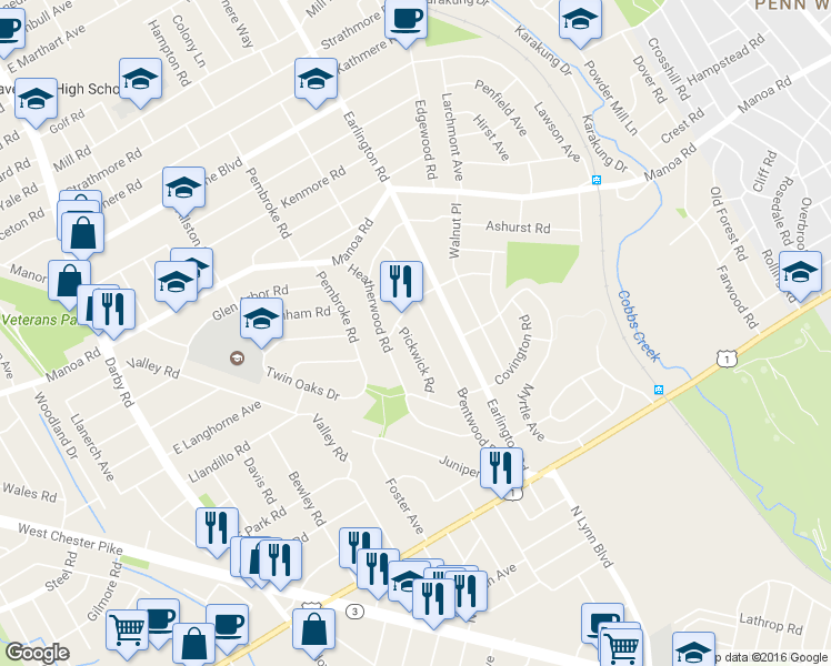 map of restaurants, bars, coffee shops, grocery stores, and more near 225 Pickwick Road in Havertown