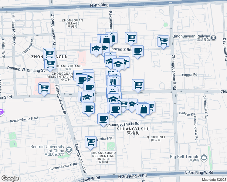 map of restaurants, bars, coffee shops, grocery stores, and more near Kexueyuan South Road in Beijing