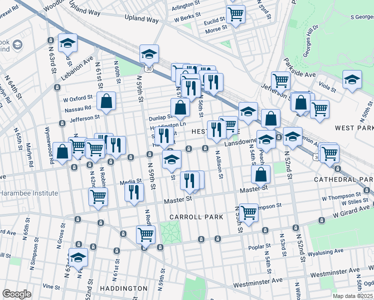 map of restaurants, bars, coffee shops, grocery stores, and more near Lansdowne Ave & N 57th St in Philadelphia