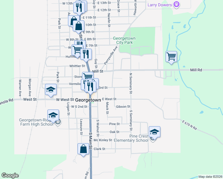 map of restaurants, bars, coffee shops, grocery stores, and more near 222 East North 3rd Street in Georgetown