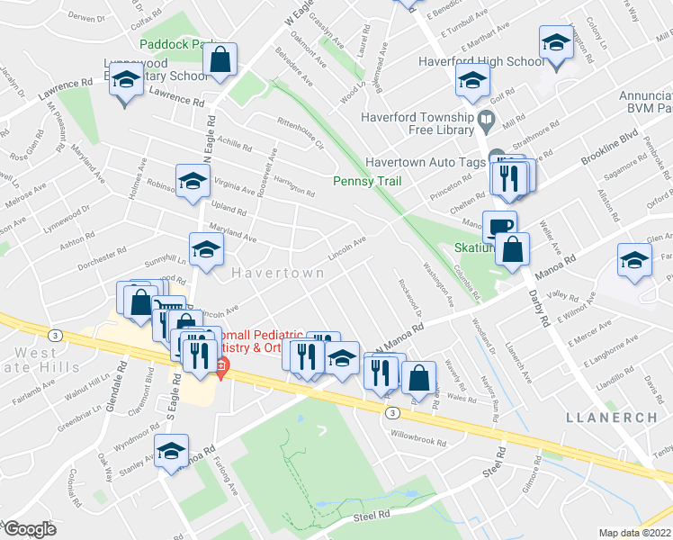 map of restaurants, bars, coffee shops, grocery stores, and more near 414 Washington Avenue in Havertown