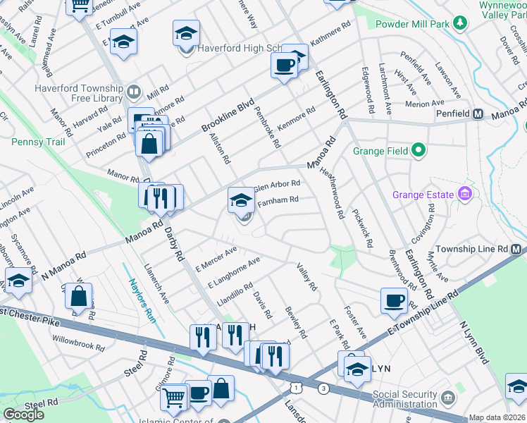 map of restaurants, bars, coffee shops, grocery stores, and more near 405 Allston Road in Havertown