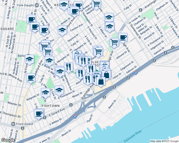 map of restaurants, bars, coffee shops, grocery stores, and more near 2405 Almond Street in Philadelphia