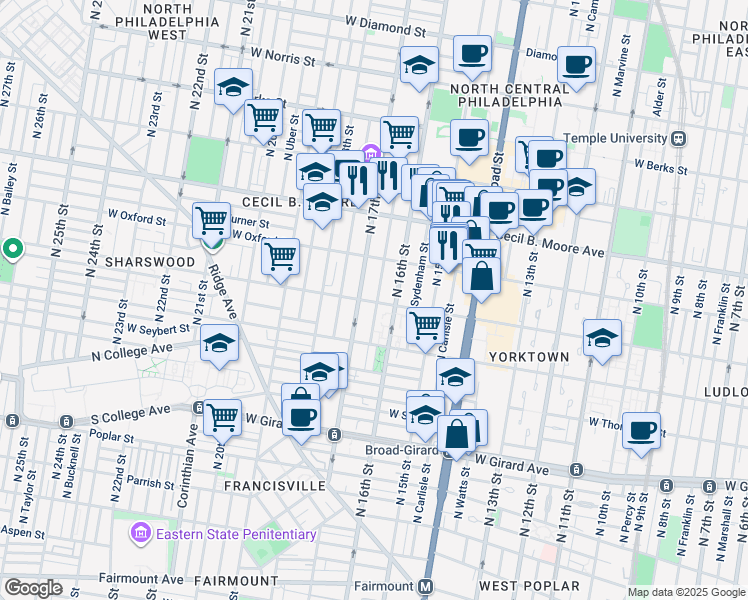 map of restaurants, bars, coffee shops, grocery stores, and more near 1504 Willington Street in Philadelphia