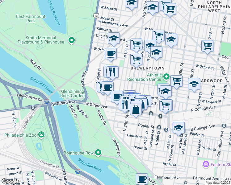 map of restaurants, bars, coffee shops, grocery stores, and more near 3014 West Thompson Street in Philadelphia