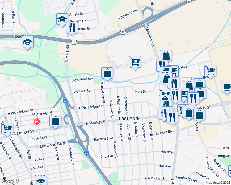 map of restaurants, bars, coffee shops, grocery stores, and more near 134 North Findlay Street in East York