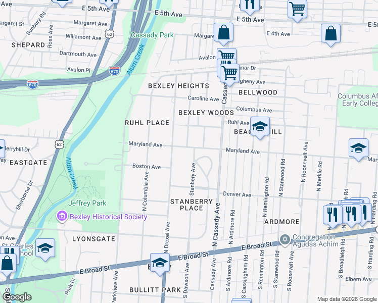 map of restaurants, bars, coffee shops, grocery stores, and more near 317 Stanbery Avenue in Columbus