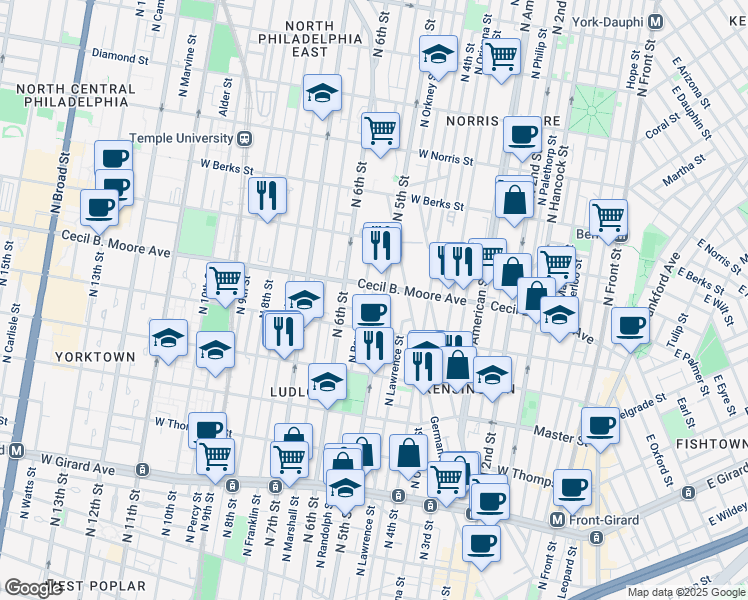 map of restaurants, bars, coffee shops, grocery stores, and more near 1640 North 5th Court in Philadelphia