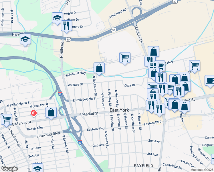 map of restaurants, bars, coffee shops, grocery stores, and more near 134 North Findlay Street in East York