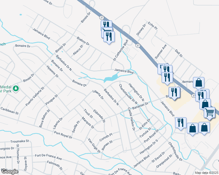 map of restaurants, bars, coffee shops, grocery stores, and more near 85 Castle Harbor Drive in Toms River