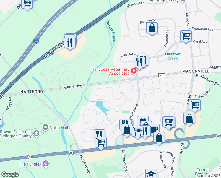 map of restaurants, bars, coffee shops, grocery stores, and more near 7805 Normandy Drive in Mount Laurel Township