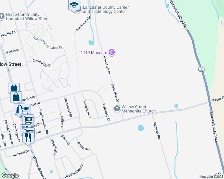 map of restaurants, bars, coffee shops, grocery stores, and more near 1934 Hans Herr Dr in Willow Street