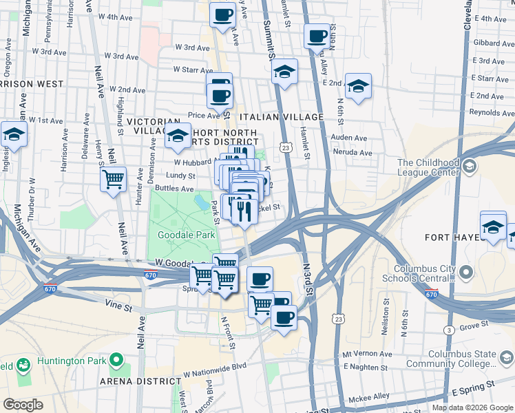 map of restaurants, bars, coffee shops, grocery stores, and more near 680 North Pearl Street in Columbus
