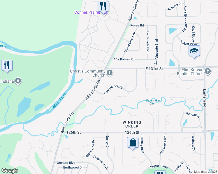 map of restaurants, bars, coffee shops, grocery stores, and more near 8198 Fawnsbrook Drive in Fishers