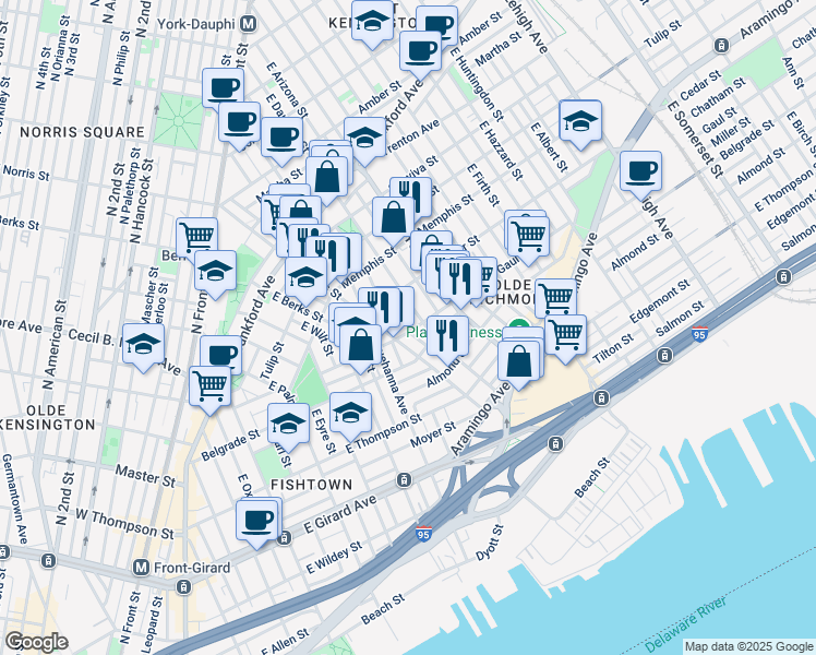 map of restaurants, bars, coffee shops, grocery stores, and more near 2218 Gaul Street in Philadelphia