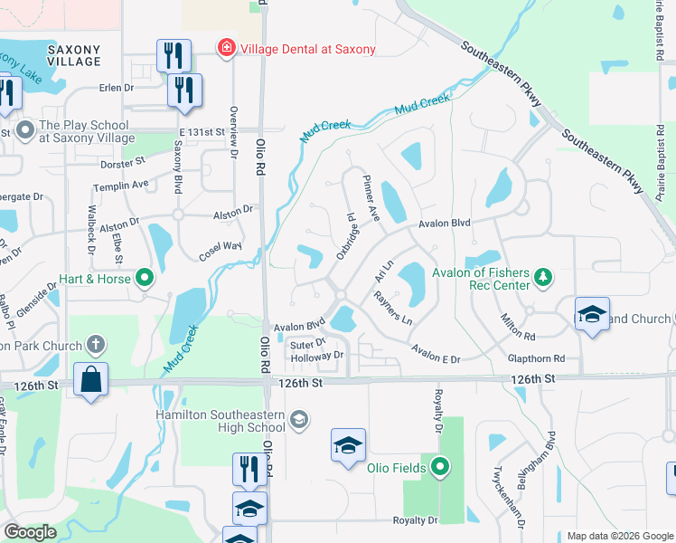 map of restaurants, bars, coffee shops, grocery stores, and more near 12885 Oxbridge Place in Fishers