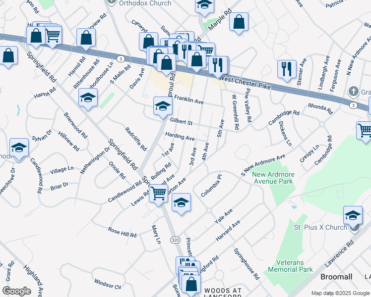 map of restaurants, bars, coffee shops, grocery stores, and more near 127 2nd Avenue in Broomall