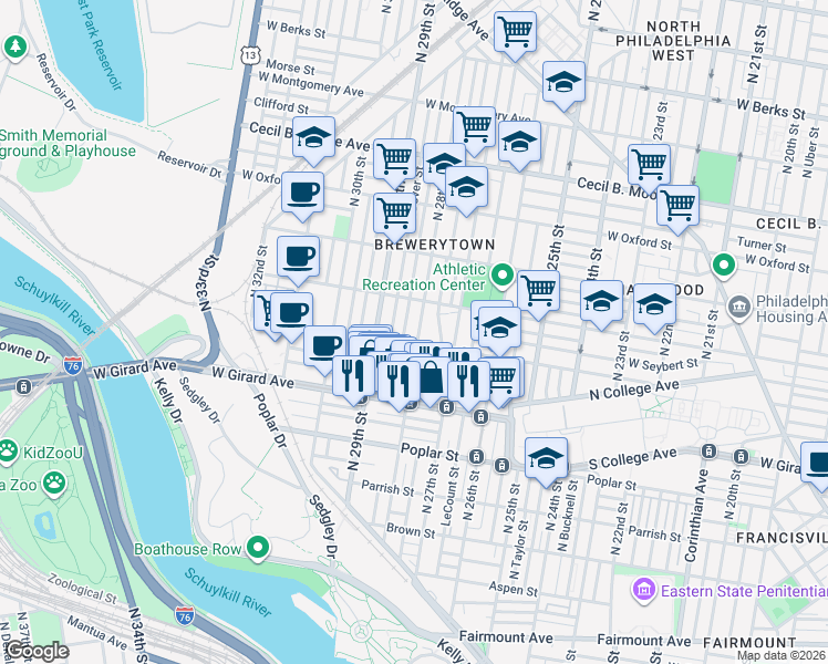 map of restaurants, bars, coffee shops, grocery stores, and more near 1312 North 28th Street in Philadelphia