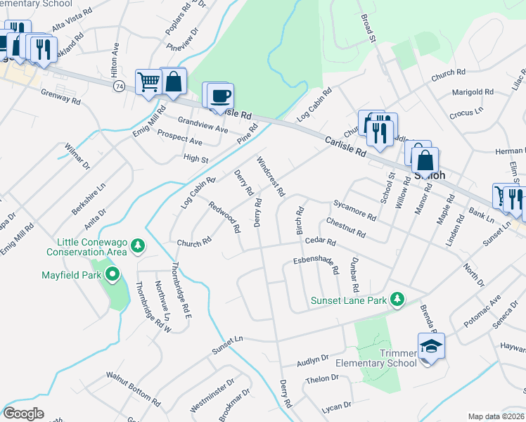 map of restaurants, bars, coffee shops, grocery stores, and more near 2355 Derry Road in York