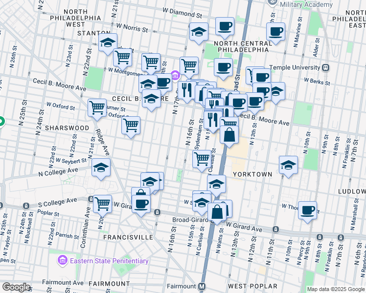 map of restaurants, bars, coffee shops, grocery stores, and more near 1501 Willington Street in Philadelphia