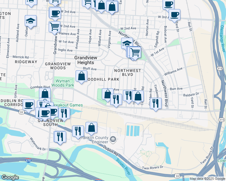 map of restaurants, bars, coffee shops, grocery stores, and more near 880 Palmer Road in Columbus