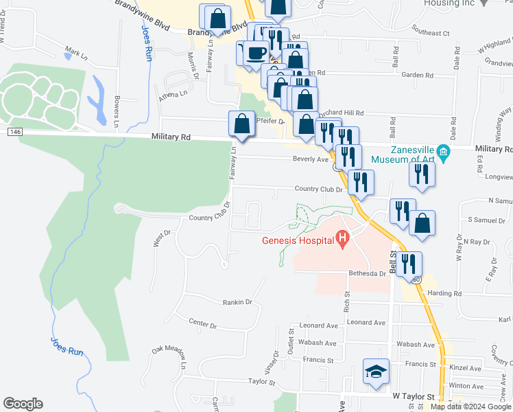 map of restaurants, bars, coffee shops, grocery stores, and more near C3 Fairway Lane in Zanesville