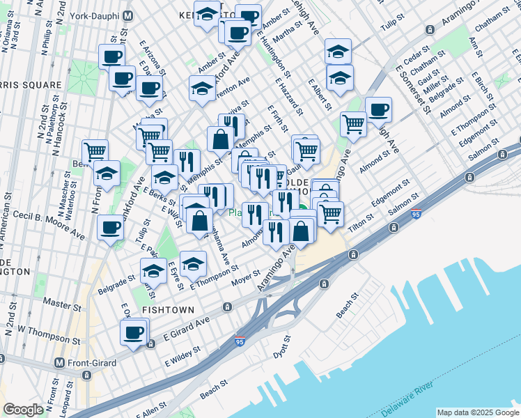 map of restaurants, bars, coffee shops, grocery stores, and more near 2515 East Gordon Street in Philadelphia