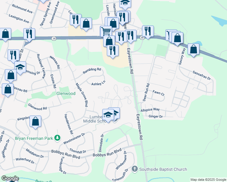 map of restaurants, bars, coffee shops, grocery stores, and more near 68 Whitebirch Court in Lumberton