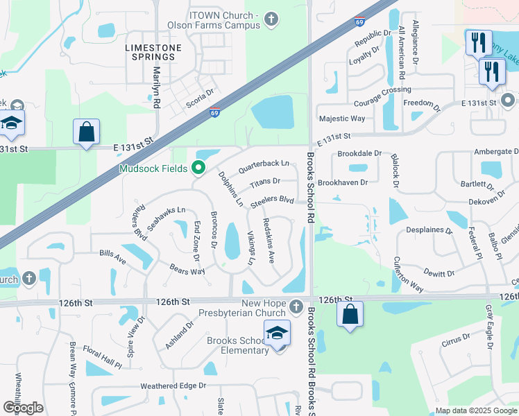 map of restaurants, bars, coffee shops, grocery stores, and more near 12327 Steelers Boulevard in Fishers