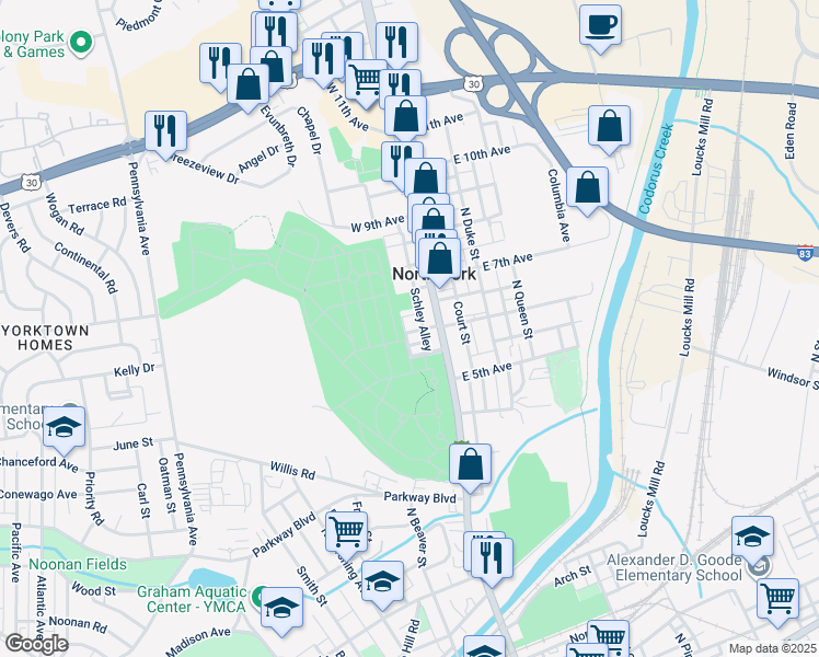 map of restaurants, bars, coffee shops, grocery stores, and more near 115 West 6th Avenue in York
