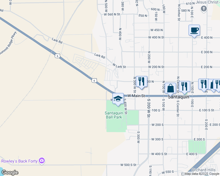 map of restaurants, bars, coffee shops, grocery stores, and more near 462 West Main Street in Santaquin