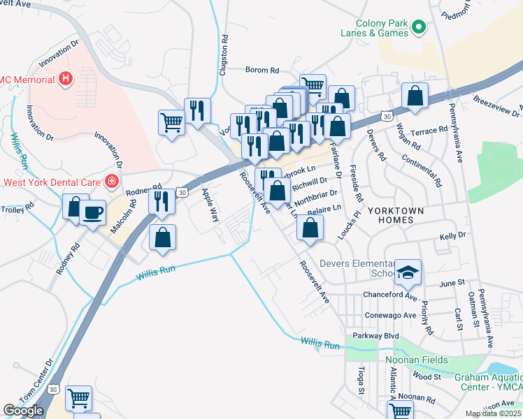 map of restaurants, bars, coffee shops, grocery stores, and more near 1270 State Route 4001 in York