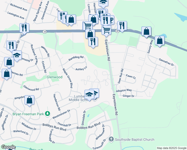 map of restaurants, bars, coffee shops, grocery stores, and more near 68 Whitebirch Court in Lumberton