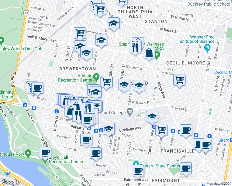 map of restaurants, bars, coffee shops, grocery stores, and more near 2410 Master Street in Philadelphia