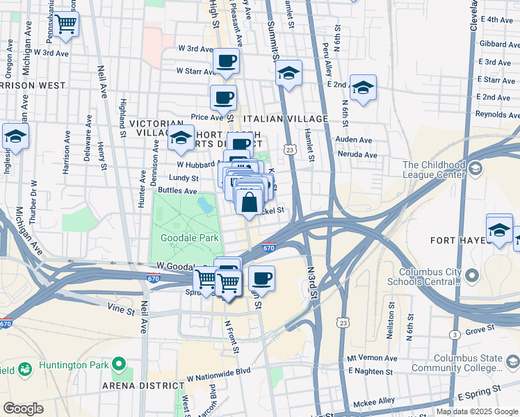 map of restaurants, bars, coffee shops, grocery stores, and more near 684 North Pearl Street in Columbus