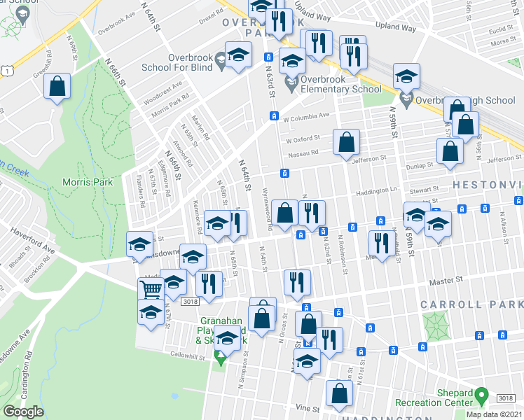 map of restaurants, bars, coffee shops, grocery stores, and more near 836 Wynnewood Rd in Philadelphia