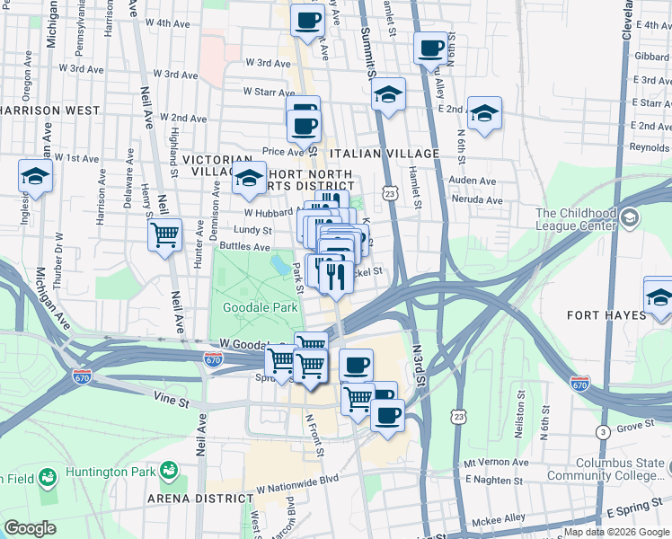 map of restaurants, bars, coffee shops, grocery stores, and more near 684 North Pearl Street in Columbus