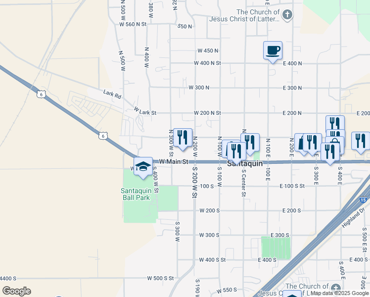 map of restaurants, bars, coffee shops, grocery stores, and more near 252 West Main Street in Santaquin