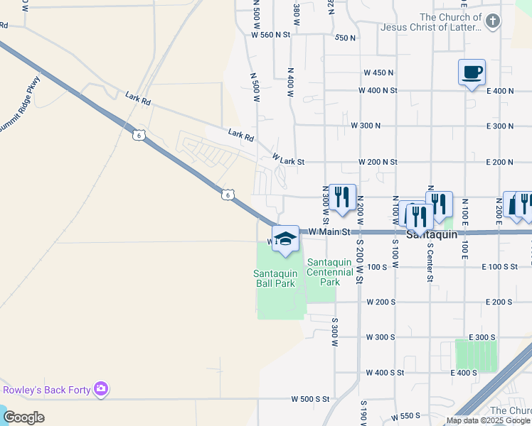 map of restaurants, bars, coffee shops, grocery stores, and more near 498 West Main Street in Santaquin