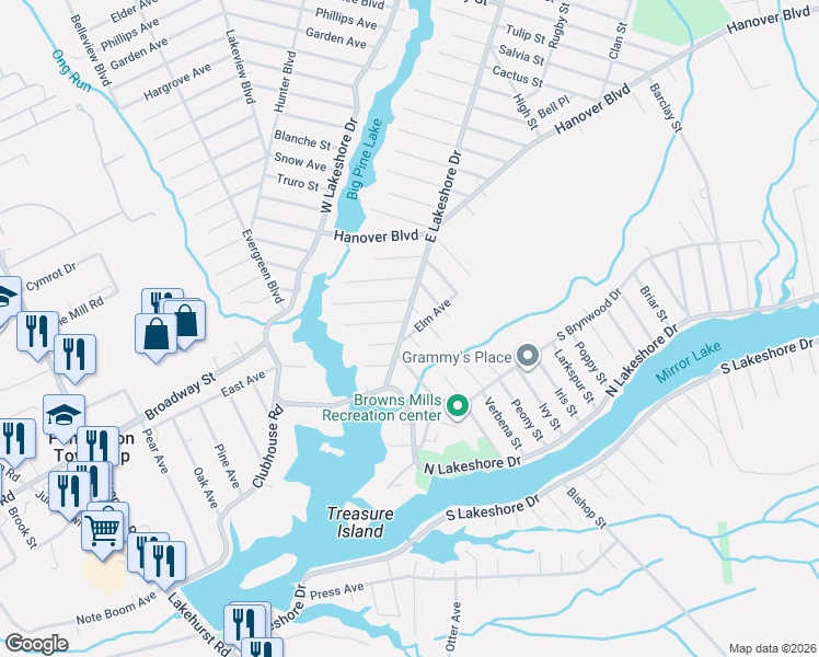 map of restaurants, bars, coffee shops, grocery stores, and more near 204 East Lakeshore Drive in Pemberton Township