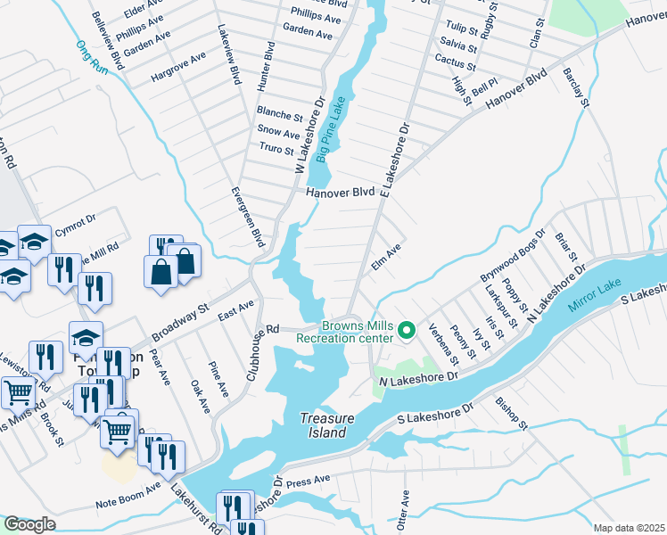 map of restaurants, bars, coffee shops, grocery stores, and more near 331 Goldenrod Street in Browns Mills