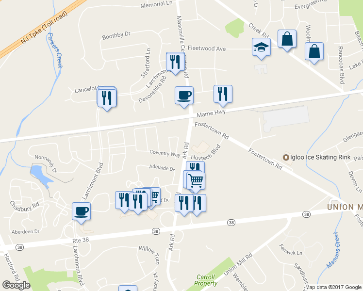 map of restaurants, bars, coffee shops, grocery stores, and more near 2206 Gramercy Way in Mount Laurel Township